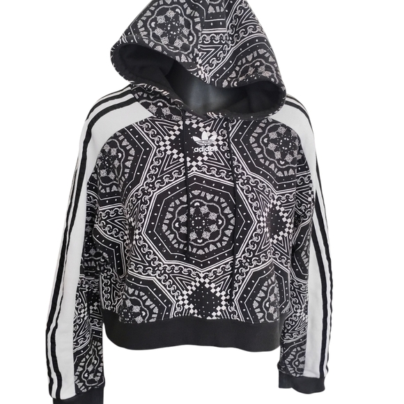 Adidas | Womens Cotton Cropped Hoodie Kaleidoscope Print Black & White | Size Sm - Picture 8 of 11
